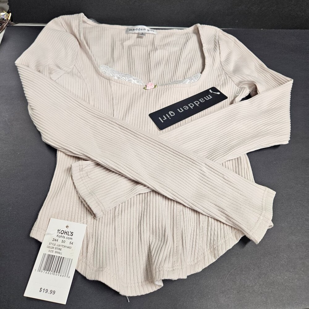 Madden Girl S Cream Ribbed long sleeve shirt with scoop neck, lacy edge